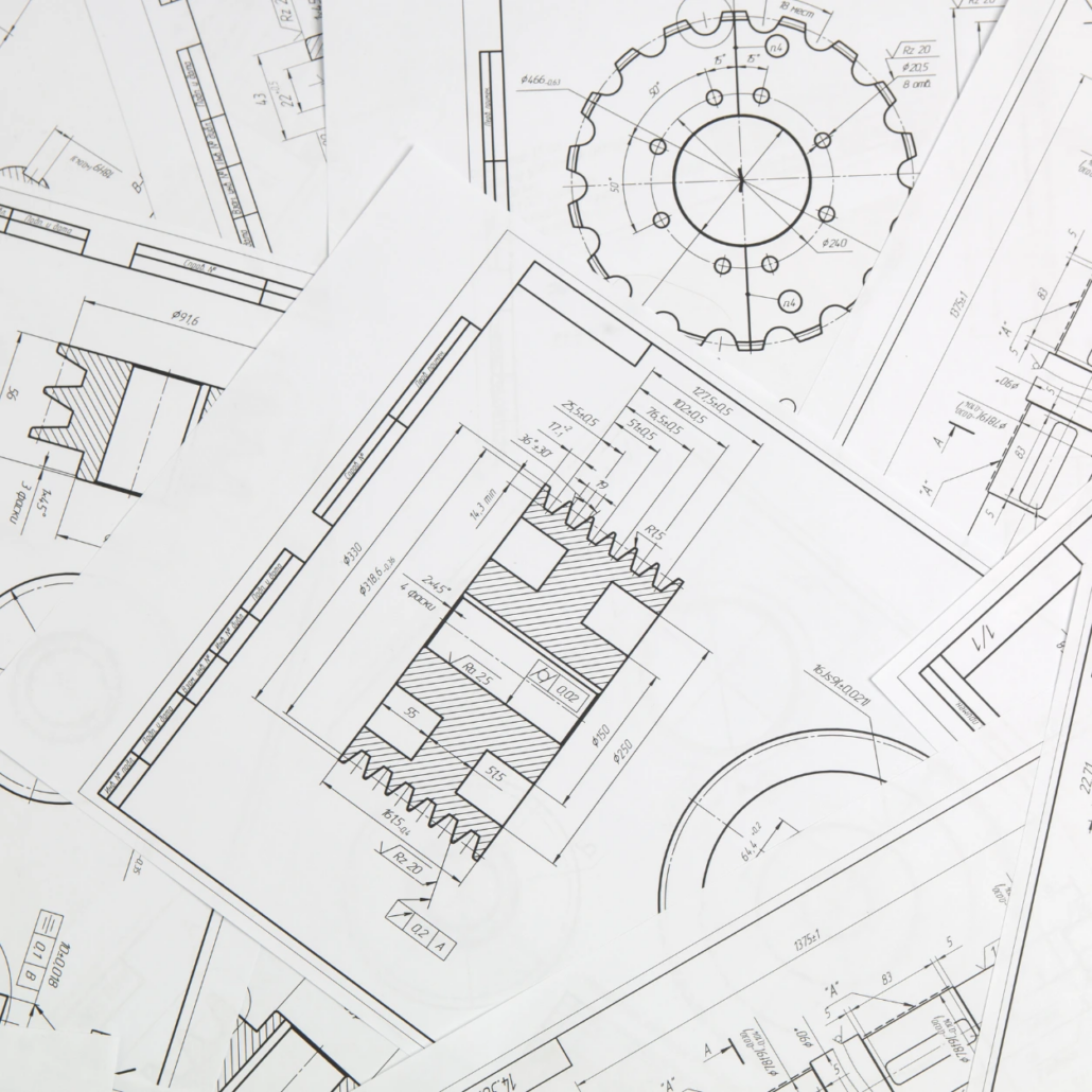 Precision Engineering Technical Drawings Detailed engineering drawings showing technical dimensions and specifications for precision manufactured components.