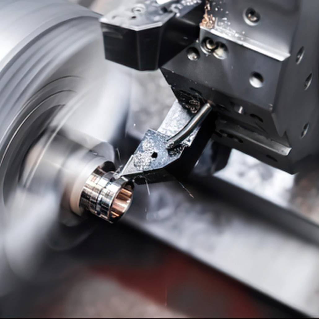 CNC Turning of Precision Metal Component CNC lathe machining a precision metal component during the manufacturing process.